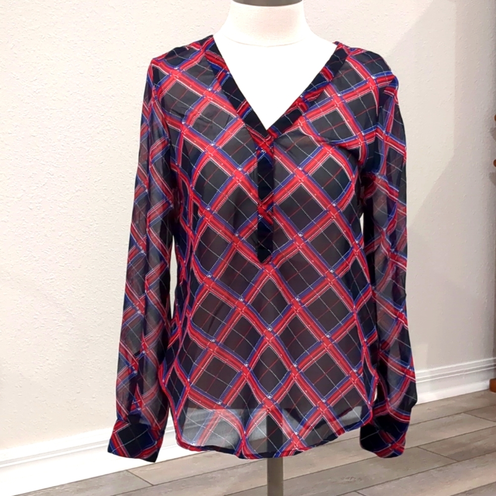 Olive And Oak Beautiful Sheer Blouse with Plaid Pattern